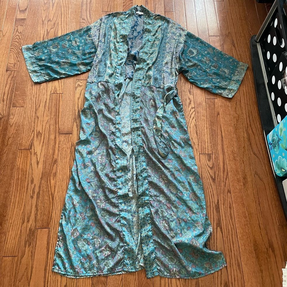 Karma Highway Turquoise Floral Print Kaftan Kimono Duster Robe One-Size